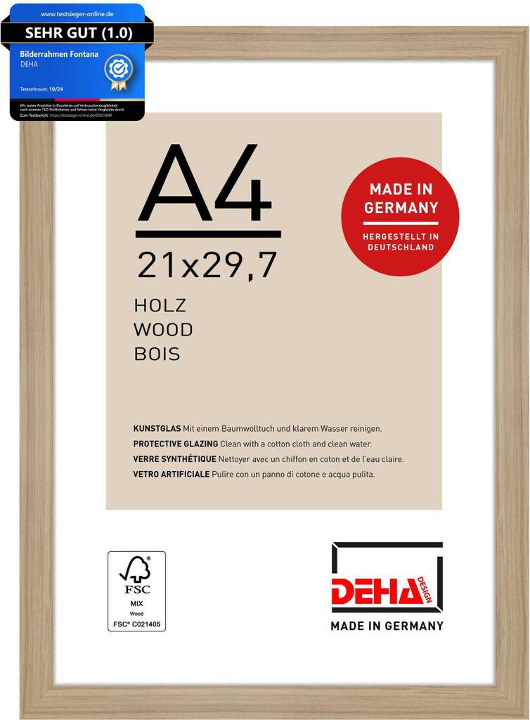 DEHA Design Holz Bilderrahmen Fontana, 21x29,7cm (A4), Eiche