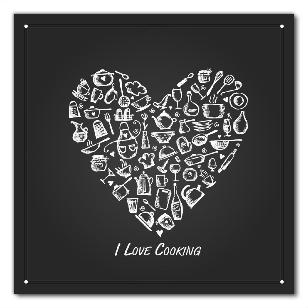 Wallario selbstklebende Möbelfolie/ Tischdecke für Innen und Außen, Größe: 80 x 80 cm - I Love Cooking - Herz aus Küchenutensilien in schwarz...