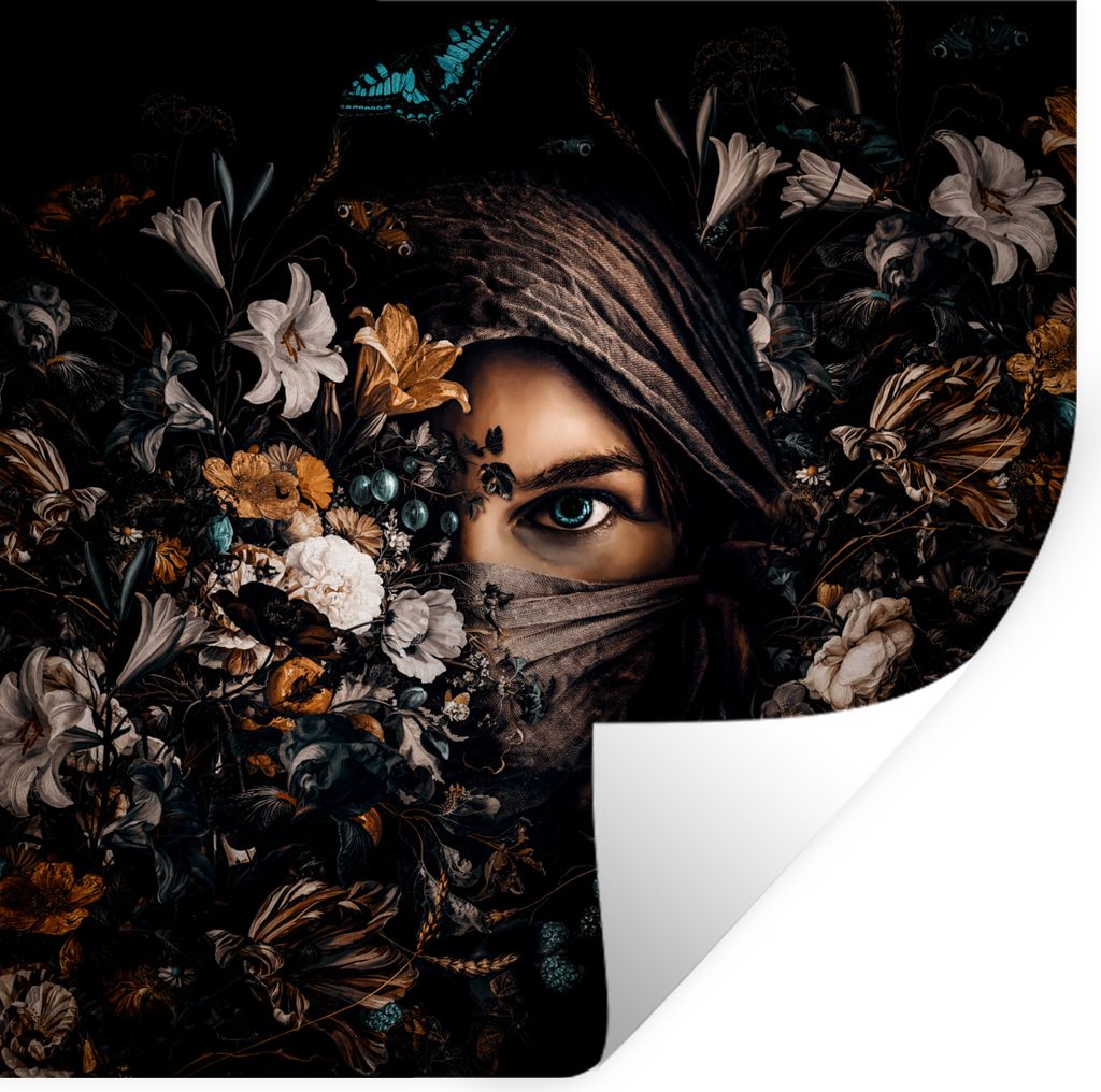 MuchoWow Wandtattoo Wandsticker Wandaufkleber Frau - Luxus - Blumen - Schmetterling - Porträt 100x100 cm Selbstklebend und Repositionierbar - Wi...