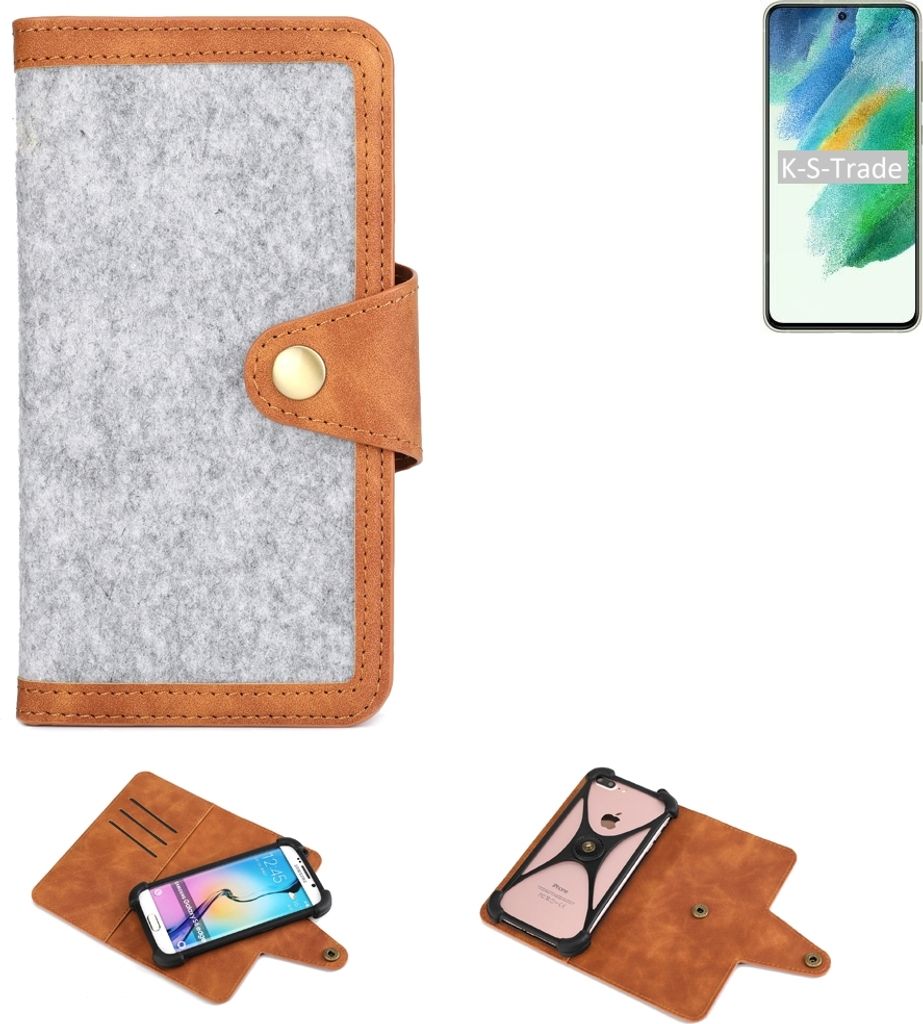 K-S-Trade Handyhülle kompatibel mit Samsung Galaxy S21 FE SD888 Schutzhülle Filz-Hülle Kunst-Leder hellgrau braun (1x)