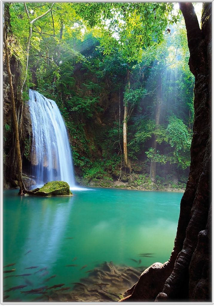 Wallario Wandbild Wasserfall im Wald am See Idylle in Thailand, Größe: 70,30 x 100,30 cm, Poster mit weißem Kunststoffrahmen