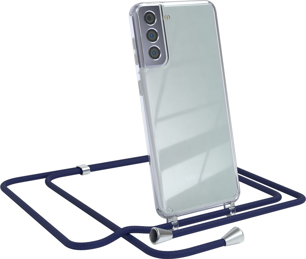 EAZY CASE Handykette kompatibel mit Samsung Galaxy S21 Plus 5G, Handyhülle mit Umhängeband, Handykordel, Schutzhülle Clear, Band in Blau