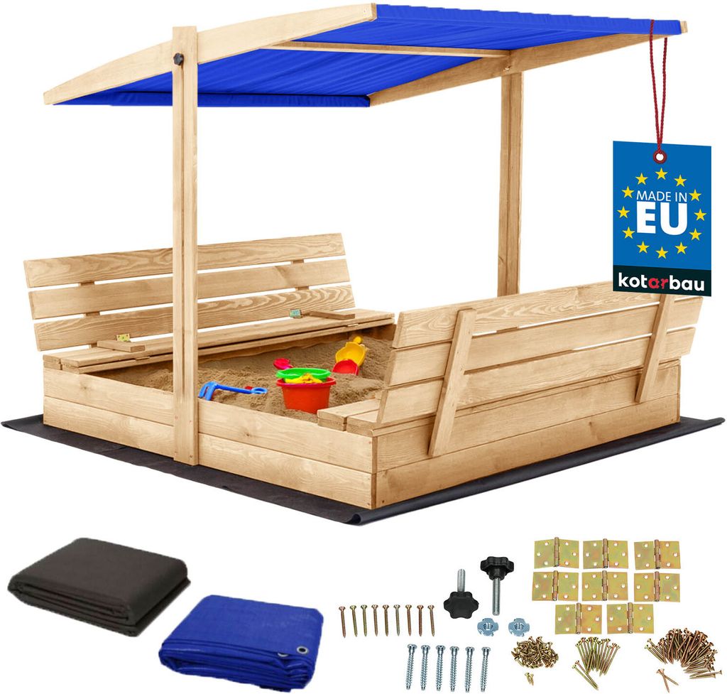KOTARBAU Sandkasten mit Dach 140x140 cm Holz mit Abdeckung & Sitzbänken Sandkiste Gartenspielzeug für Kinder mit Deckel & Sonnenschutz in Blau