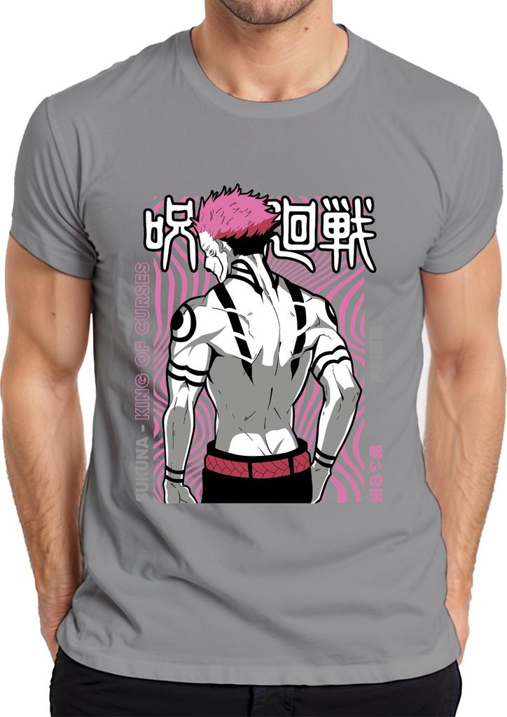 Sukuna Jujutsu Kaisen King of Curses Anime Ästhetik Villain Retro Herren T-Shirt, Grau, XXL