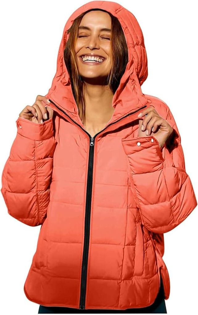 ASKSA Damen Steppjacke Leicht Kurz Kapuze Wintermantel Daunenjacke Jacke Laessig Outdoorjacke mit Taschen (Orange,M)
