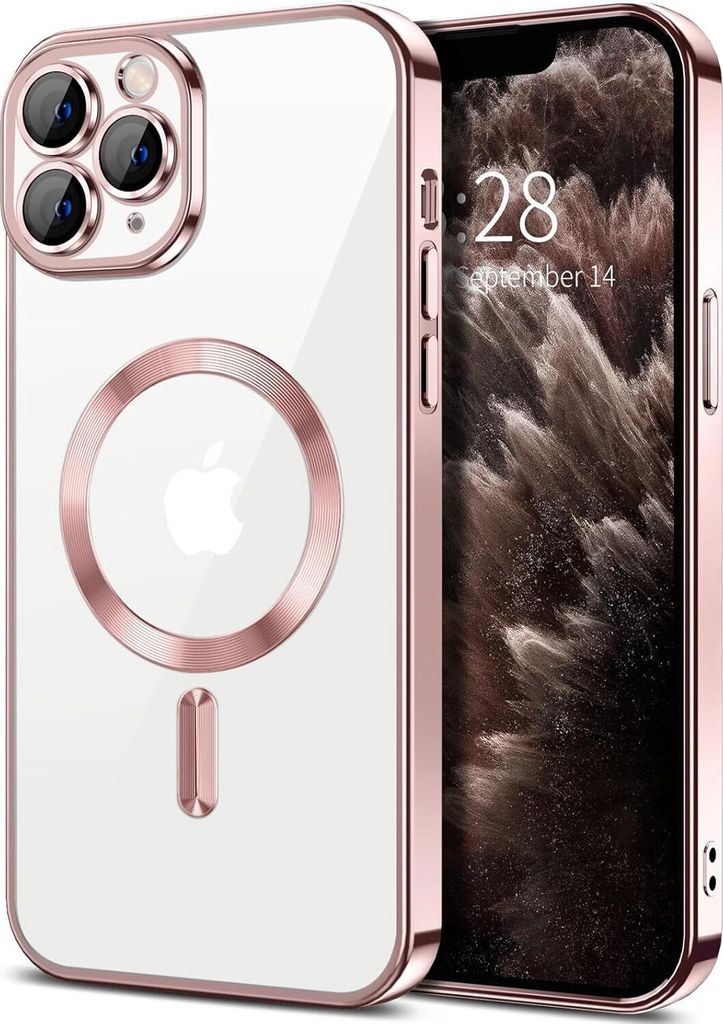 Magnetische Klar Hülle für iPhone 11 Pro Max, Kompatibel mit MagSafe, Elektroplattiert Handyhülle mit Kameraschutz Pink