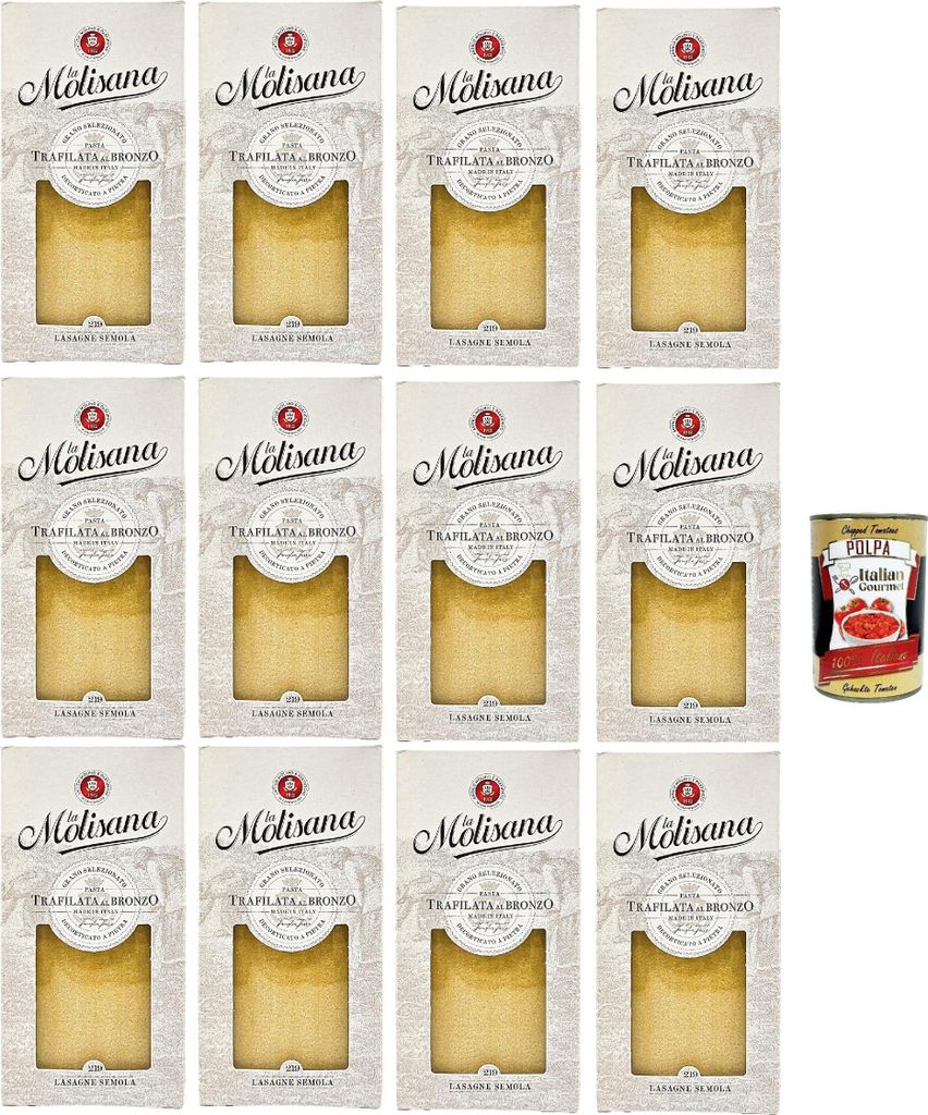La Molisana Lasagne semola N. 219 Pasta Lenta Lavorazione Teigwaren aus Hartweizengrieß Bronze-Zeichnung 12x 500g + Italian Gourmet polpa 400g