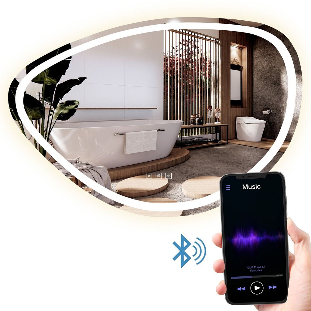 A modern bathroom with a freestanding bathtub, a toilet, and a vanity area, reflected in a large, illuminated mirror. A smartphone is shown in the foreground, connected via Bluetooth to the mirror.