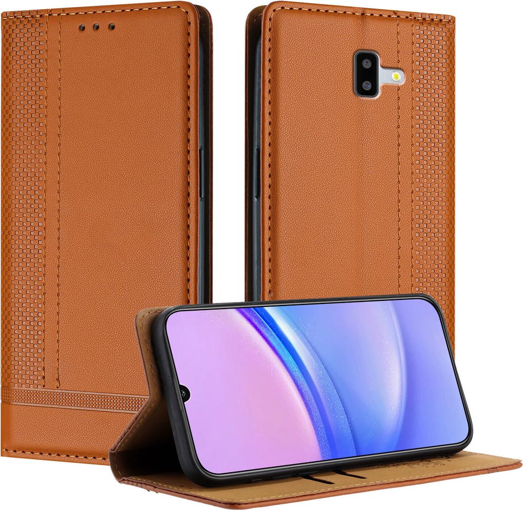 Handyhülle für Samsung Galaxy J6 Plus Leder Flip Klappbare Schutzhülle mit Standfunktion Braun