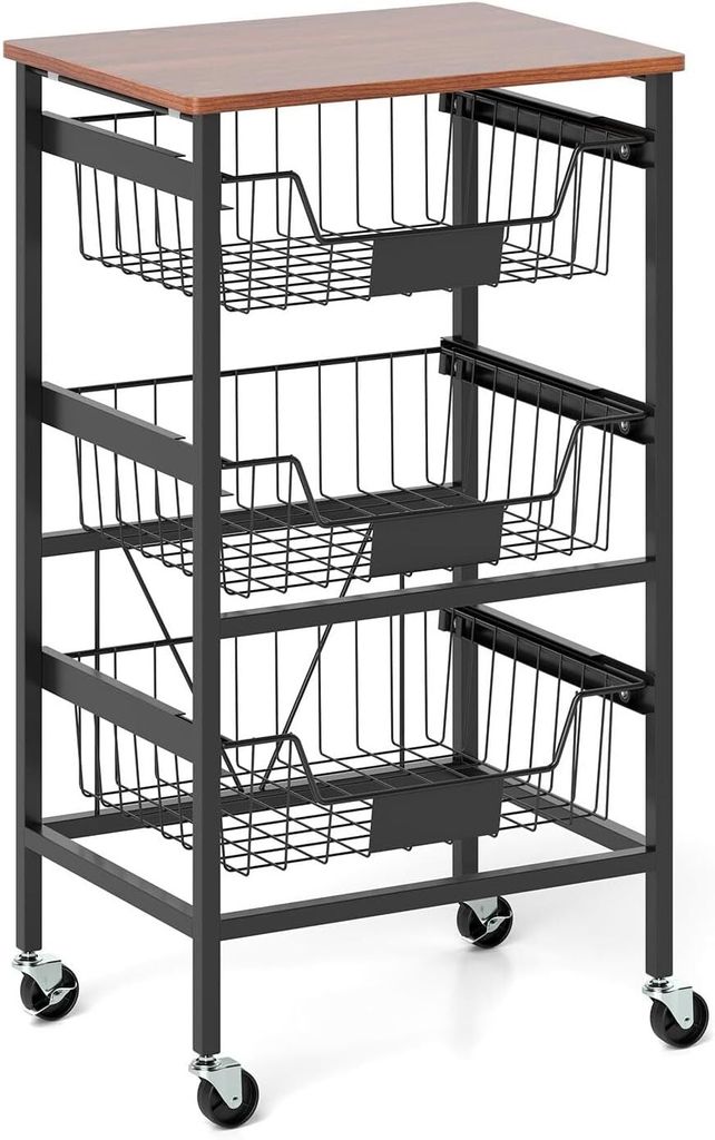 KOMFOTTEU Gemüseregal auf Rollen, Mobiler Obstkorb Metall, Gemüse Aufbewahrung Obstschale mit Holzoberfläche, Brotkorb Aufbewahrungsregal(42x31x...