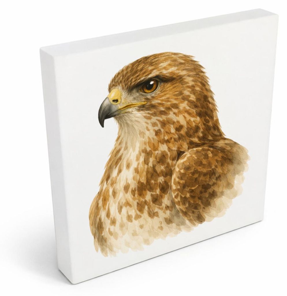 Luft Könige Bussard Porträt Holzbild in 10x10 cm zum Stellen oder Aufhängen