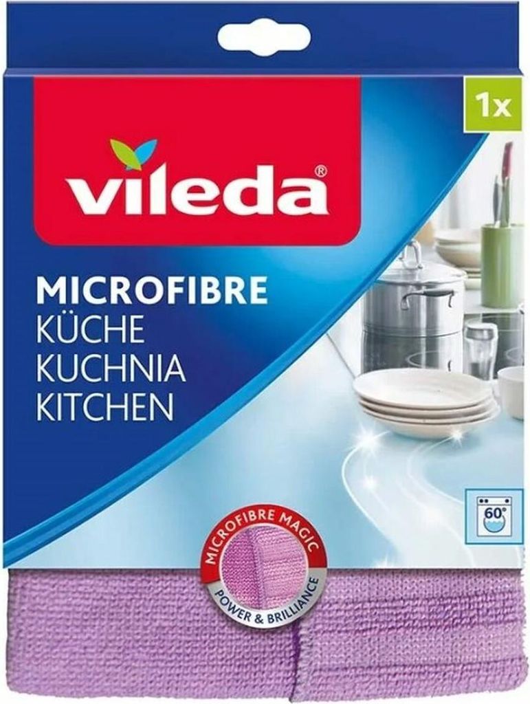 Packaging for a Vileda microfiber cloth, showing the product and kitchenware.