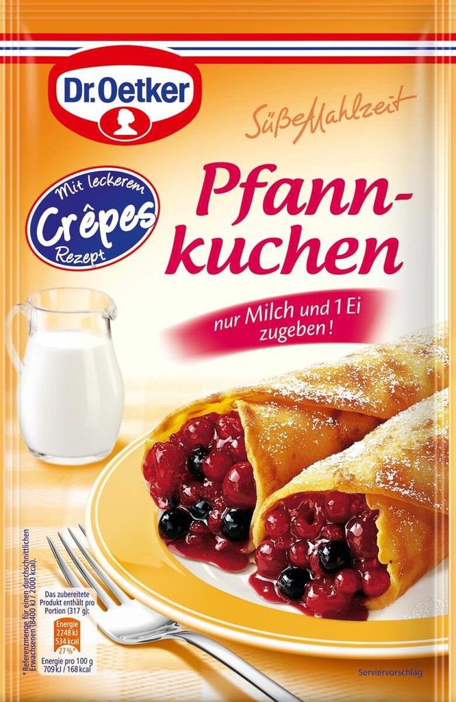 A package of Dr. Oetker pancake mix with an image of prepared pancakes filled with berries.