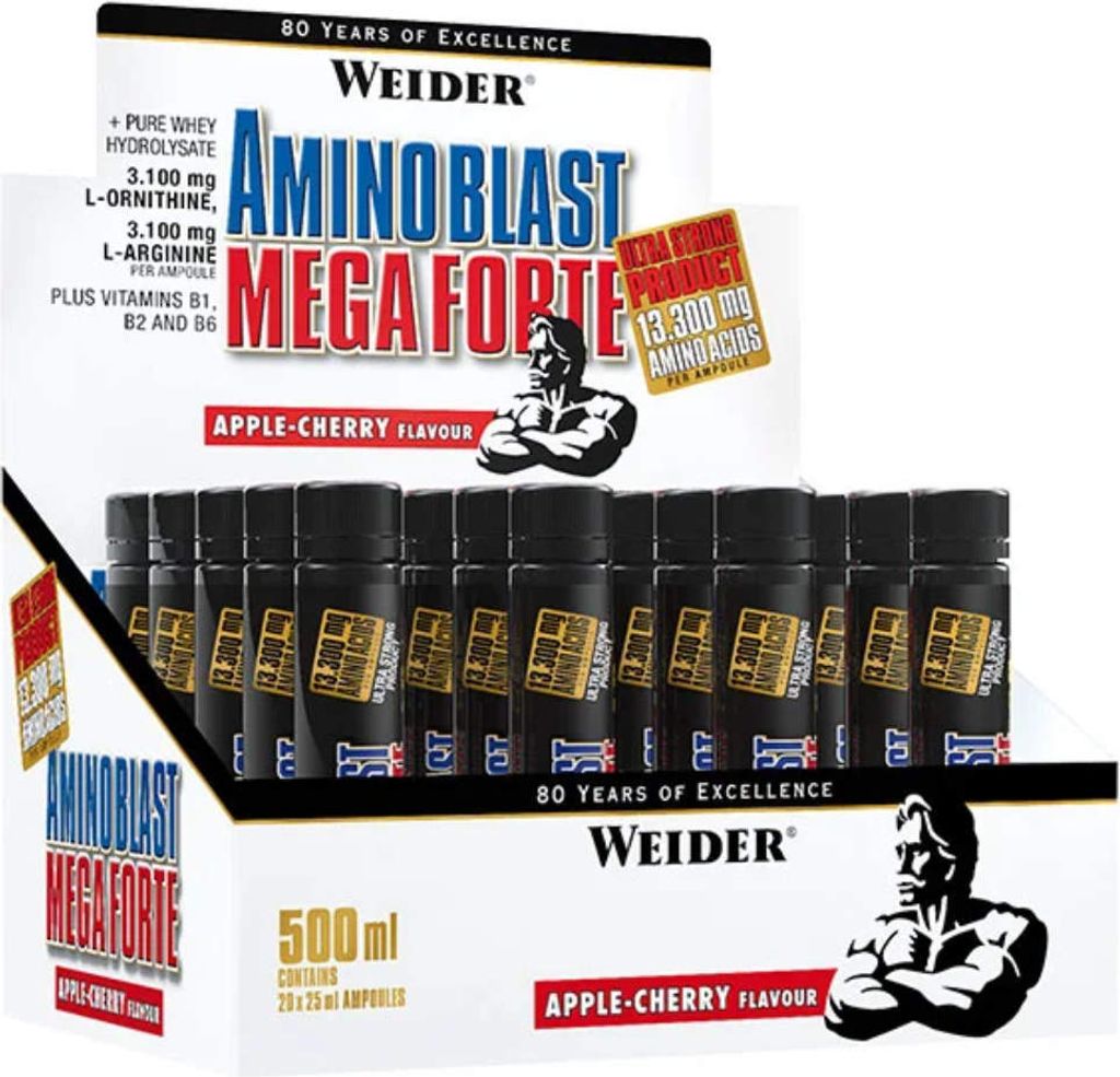 A box of Weider Amino Blast Mega Forte ampoules, with a display of the ampoules inside.