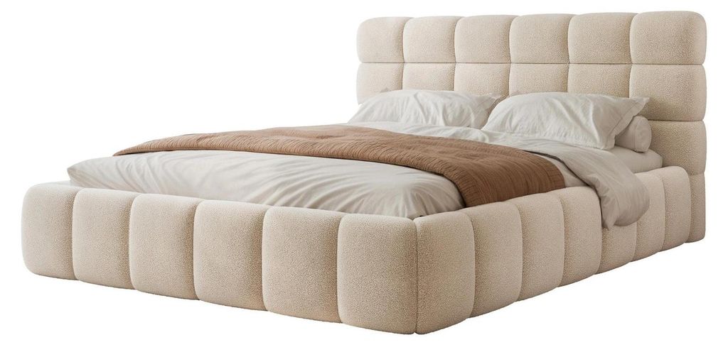 Polsterbett BORIO 160x200 Creme Boucle mit Bettkasten & Lattenrost