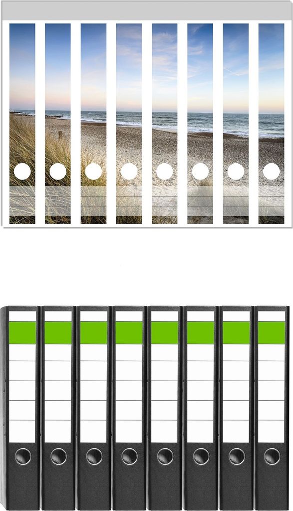 Wallario 8 Stück schmale Ordner inkl. Klebeetiketten mit Motive Strandspaziergang im Urlaub an der Ostsee - Set mit Rückenschildern / Ordnerrüc...