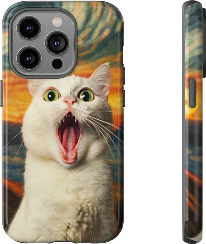 Überraschte weiße Katze mit grünen Augen – Hülle Kompatibel mit iPhone 14 Pro