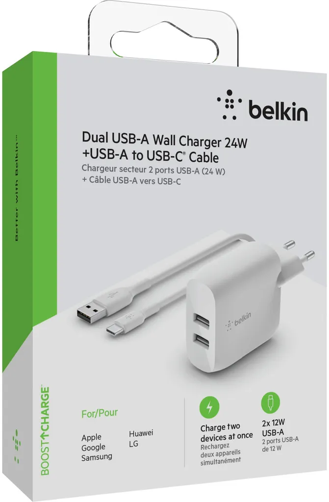Chargeur Double USB Belkin pour Smartphone et Tablette Câble USB-C