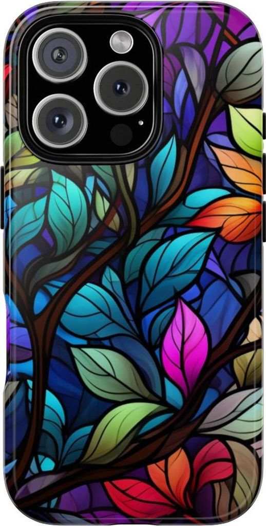 Buntes Blätter-Mosaik im Glasmalerei-Stil – Hülle Kompatibel mit iPhone 16 Pro