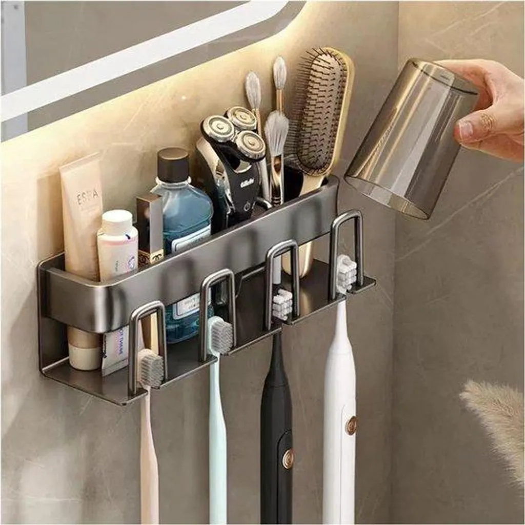 Rangement brosse à dents électrique pour enfant inox noir 4 places