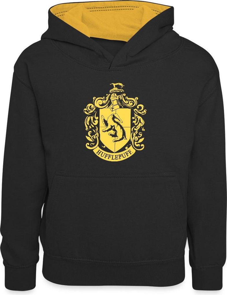 Spreadshirt Harry Potter Hufflepuff Wappen Kinder Kontrast-Hoodie, M (7/8 Jahre), Schwarz/Gold