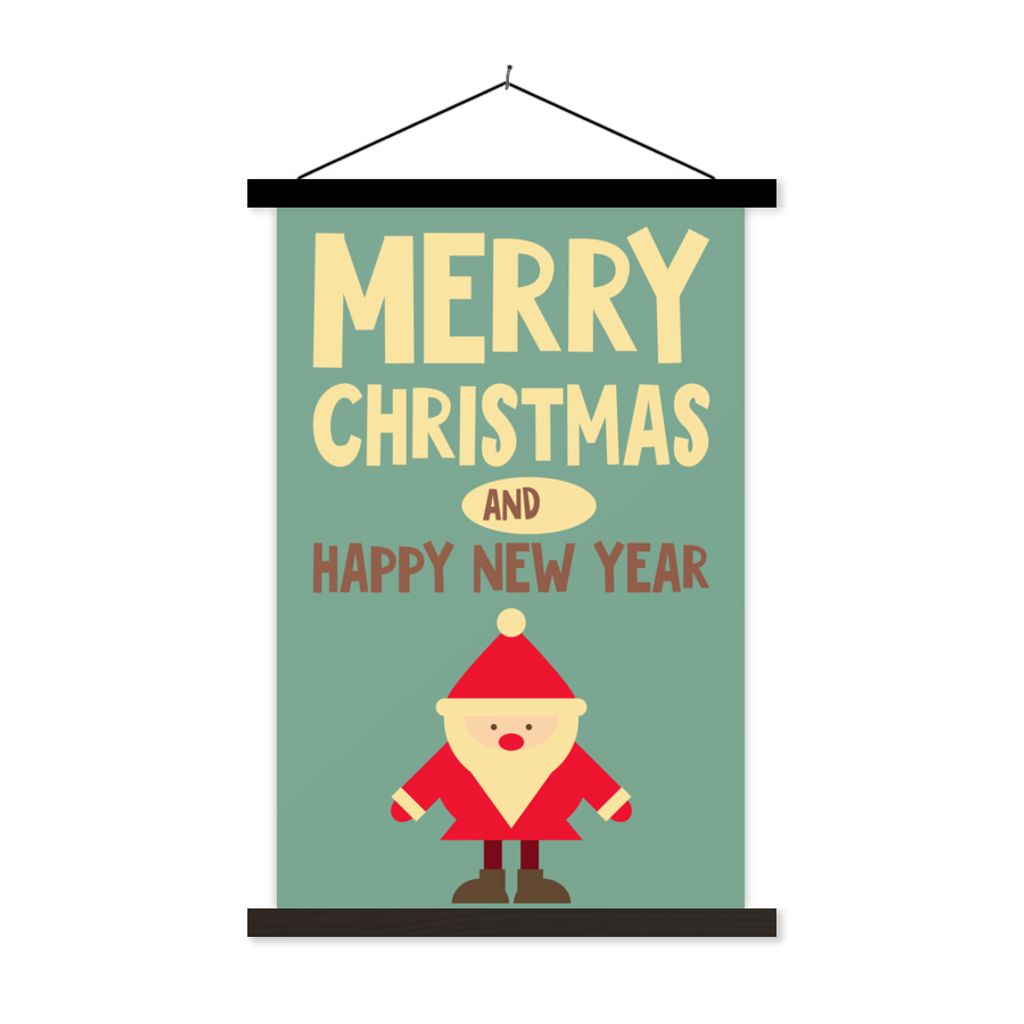 MuchoWow Textilposter Illustration - Weihnachten - Weihnachtsmann - Zitate - Blau - Vintage 120x180 cm mit schwarzem Rahmen - Fotos