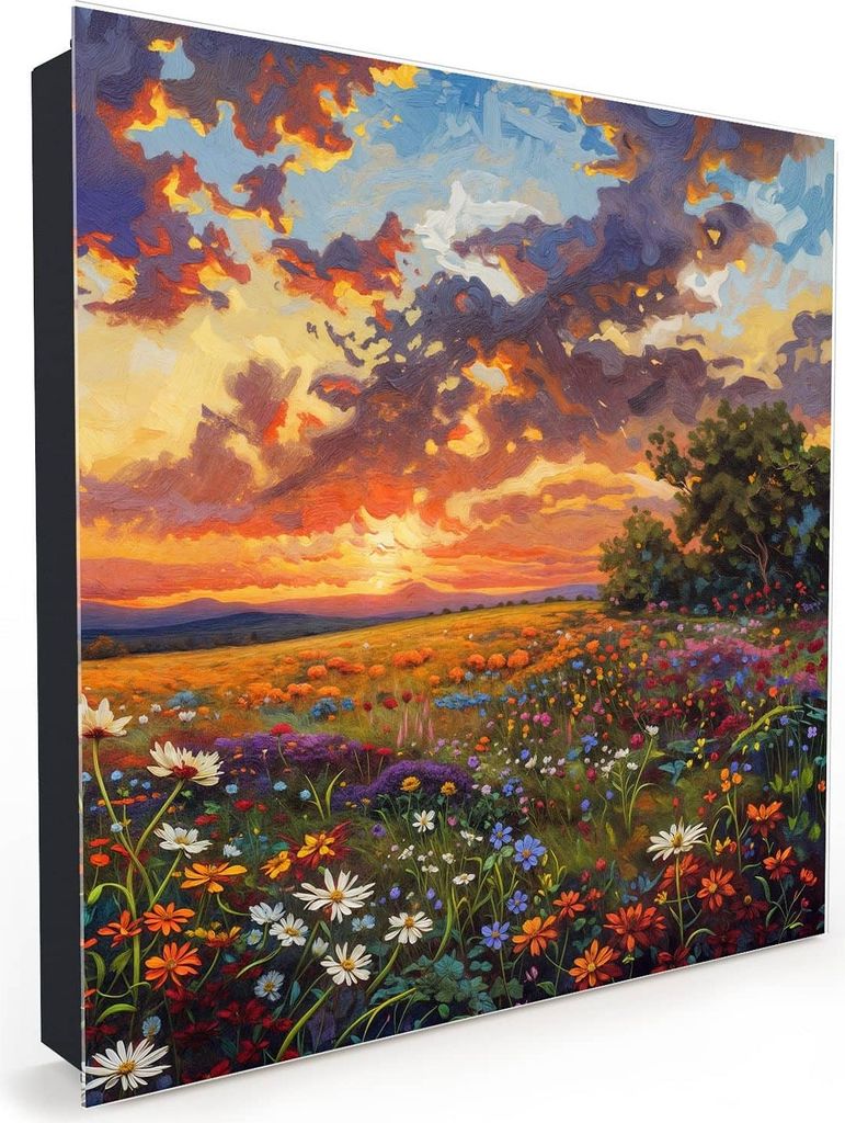 Nachbildung-Schlüsselkasten, Magnetpinnwand und Memoboard mit Glasfront Motiv Blumenwiese Sonnenuntergang