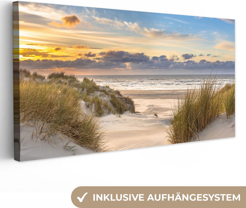 MuchoWow - Leinwandbilder - Strand - Düne - Gras - Sonnenuntergang - Meer, Wandbild, Wanddeko Bilder Wohnzimmer, 80x40 cm
