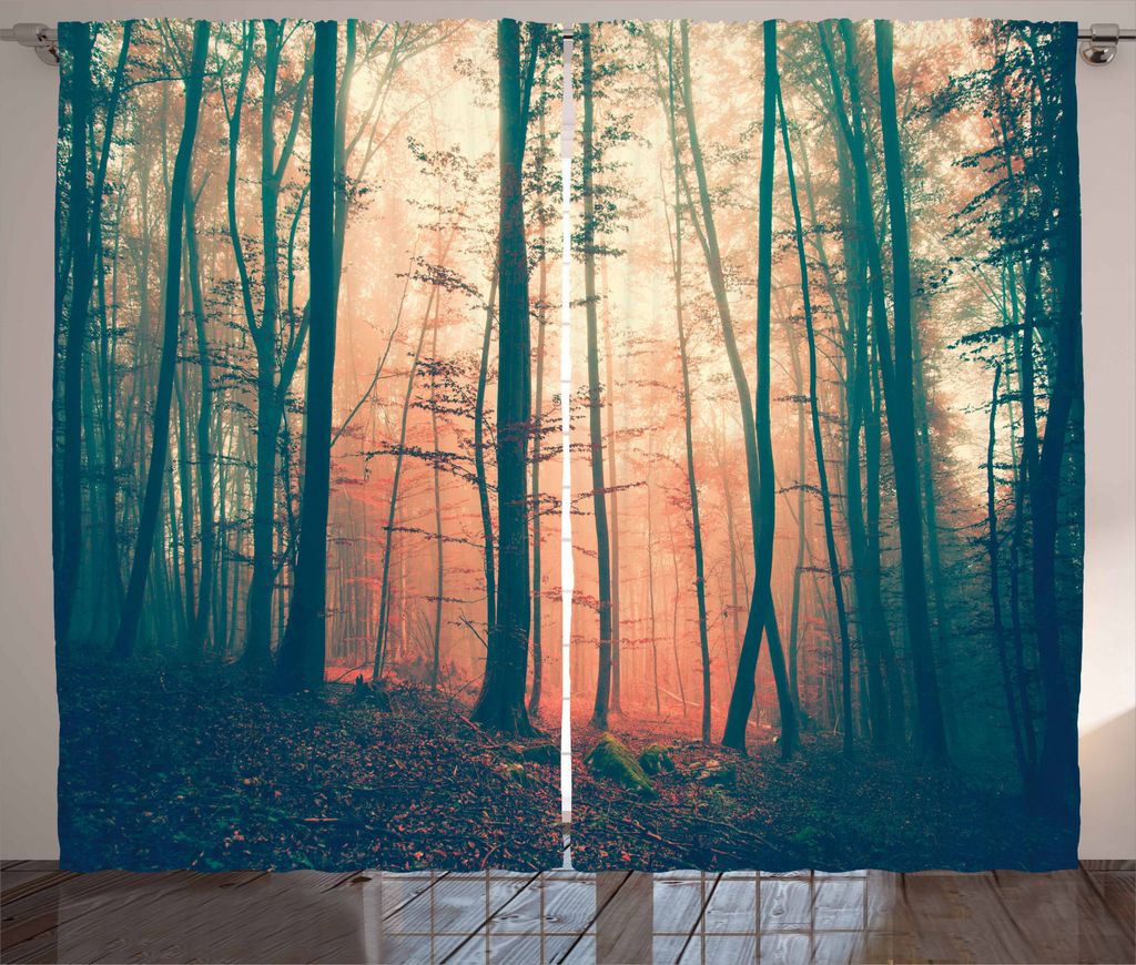 ABAKUHAUS Wald Rustikaler Vorhang, Herbst-Waldwald, Wohnzimmer Universalband Gardinen mit Schlaufen und Haken, 280 x 245 cm, Dunkelgrün Korallenrot