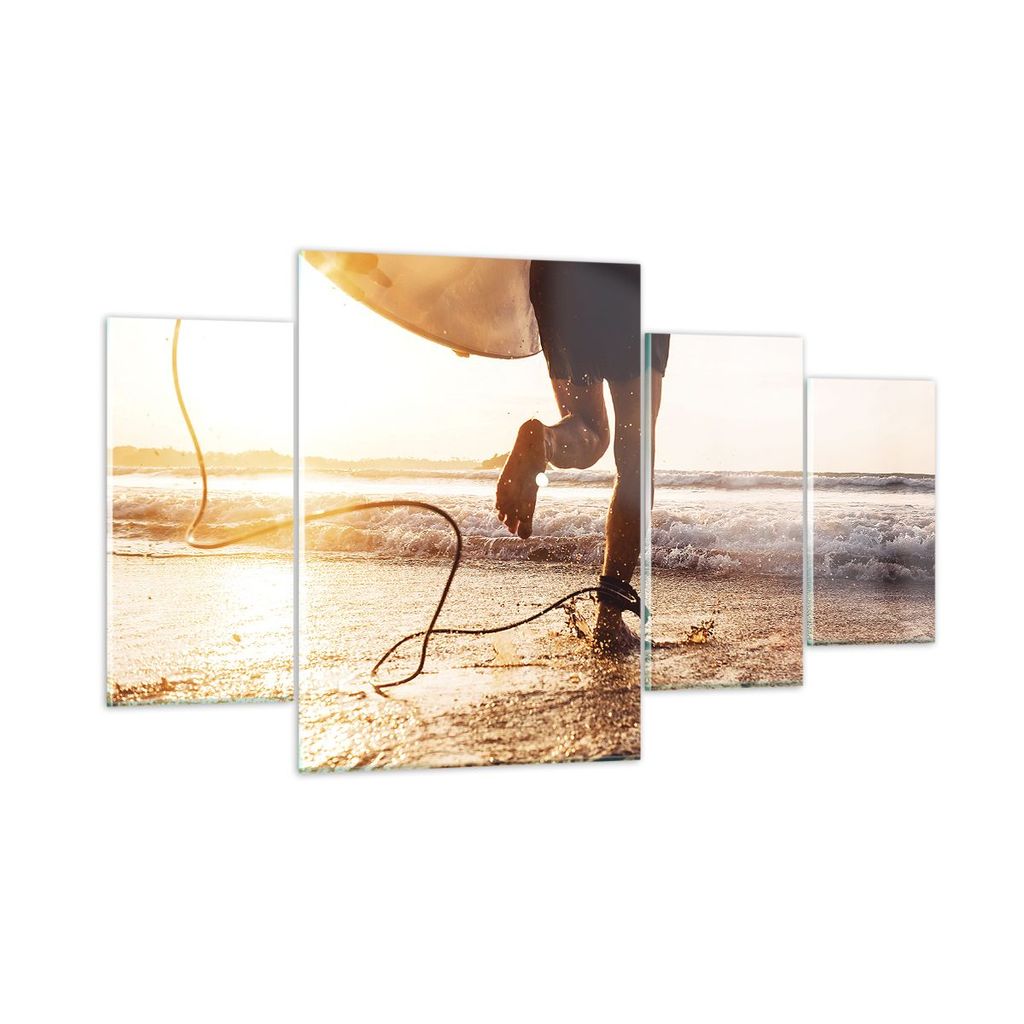 Bilder auf glas - 4 Teile - Surfen Strand Freude - 160x90cm - Glasbilder - Wandbilder - Bilder - zum Aufhängen bereit - Wanddekoration aus Glas - ...