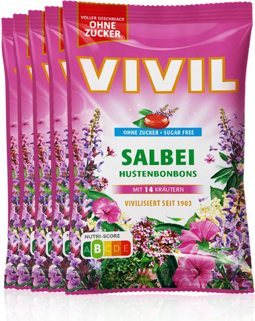 VIVIL Salbei Hustenbonbons ohne Zucker | 5 Beutel x 120g