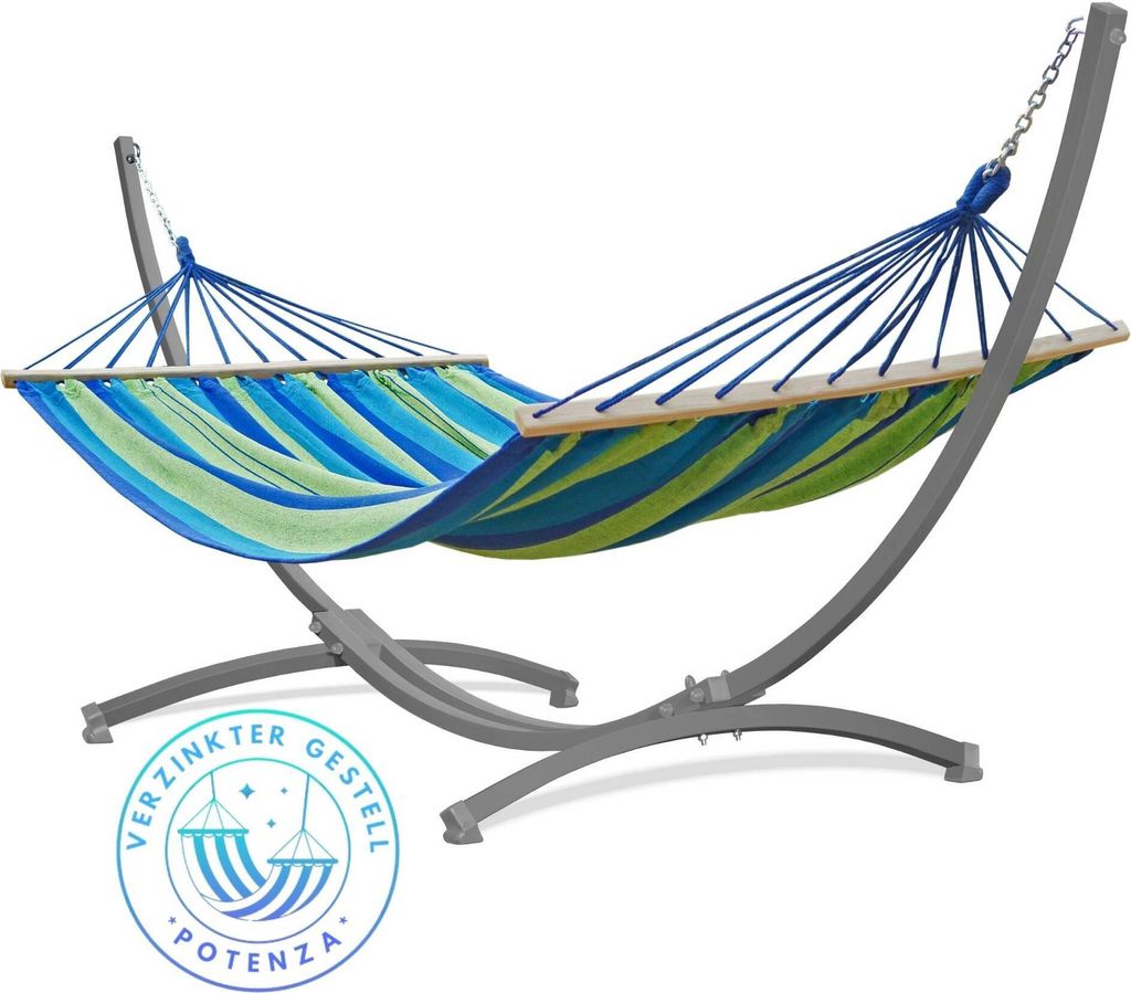 Potenza Outdoor Hängematte mit Gestell für 2 Personen I Stabhängematte XXL 220x160, 200kg I Verzinkter Grau Hängemattengestell 220kg Wetterfest