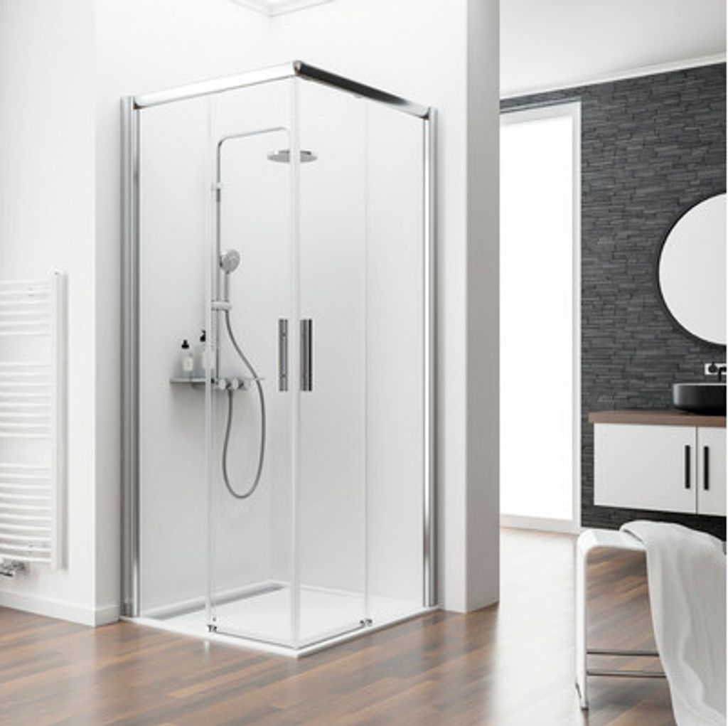 Eckeinstieg mit Schiebetür Schulte Kristall/Trend 90x90 cm Klarglas Profilfarbe chrom ohne unteres Profil