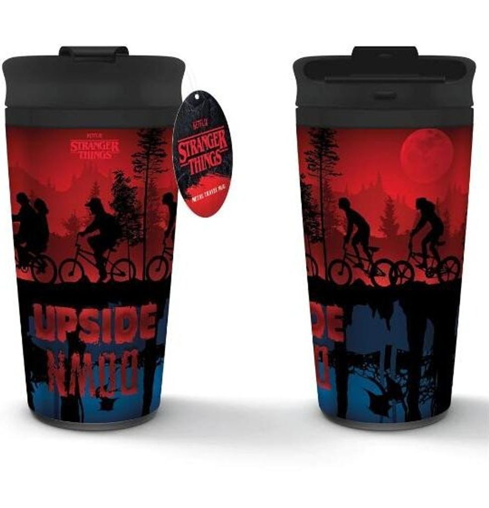 Two Stranger Things themed travel mugs are shown against a white background. One mug is shown from the front, and the other from the side. Both mugs feature a silhouette of characters riding bicycles against a red sky with a large red moon.