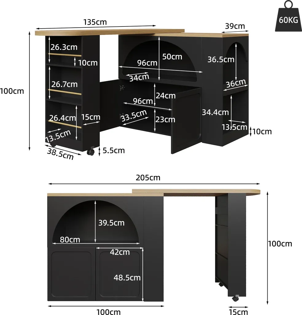 Comptoir de cuisine moderne extensible noir avec éclairage LED et USB - 8