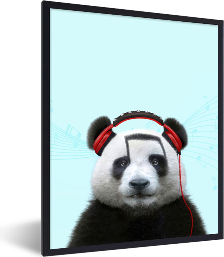 MuchoWow Gerahmtes Poster Panda - Kopfhörer - Tier - Musiknoten - Rot 60x80 cm - Poster mit Schwarzem Bilderrahmen Wandposter Rahmen Foto Bilder...