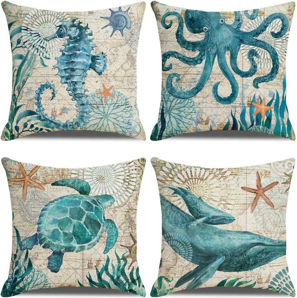 Outdoor-Kissenbezug, 4er-Set, wasserdicht, blaues Meereslebewesen-Muster, Sofa-Kissenbezug für Terrasse, Garten, Wohnzimmer, Schlafzimmer, Dekorat...