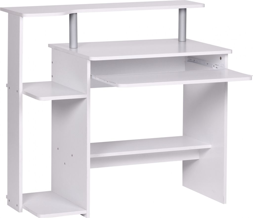 A white computer desk with a keyboard tray and shelves, shown against a white background.