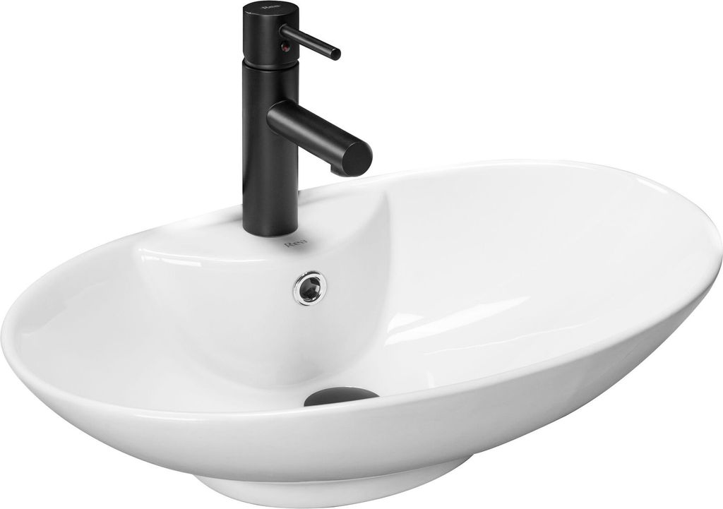 A white oval basin sink with a black faucet against a white background.