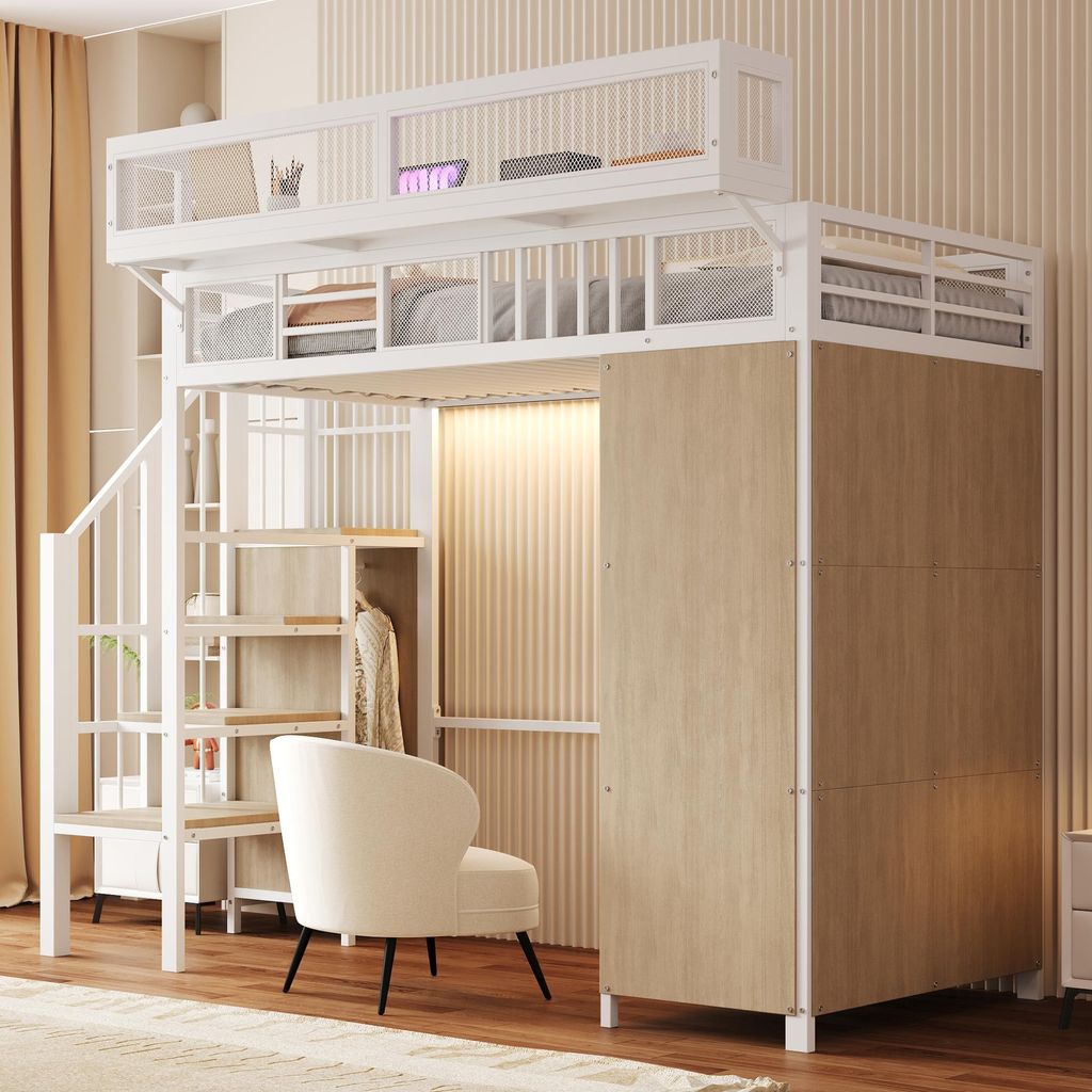 Lit superposé Merax 90 x 200 cm avec armoire et échelle de Image du produit 