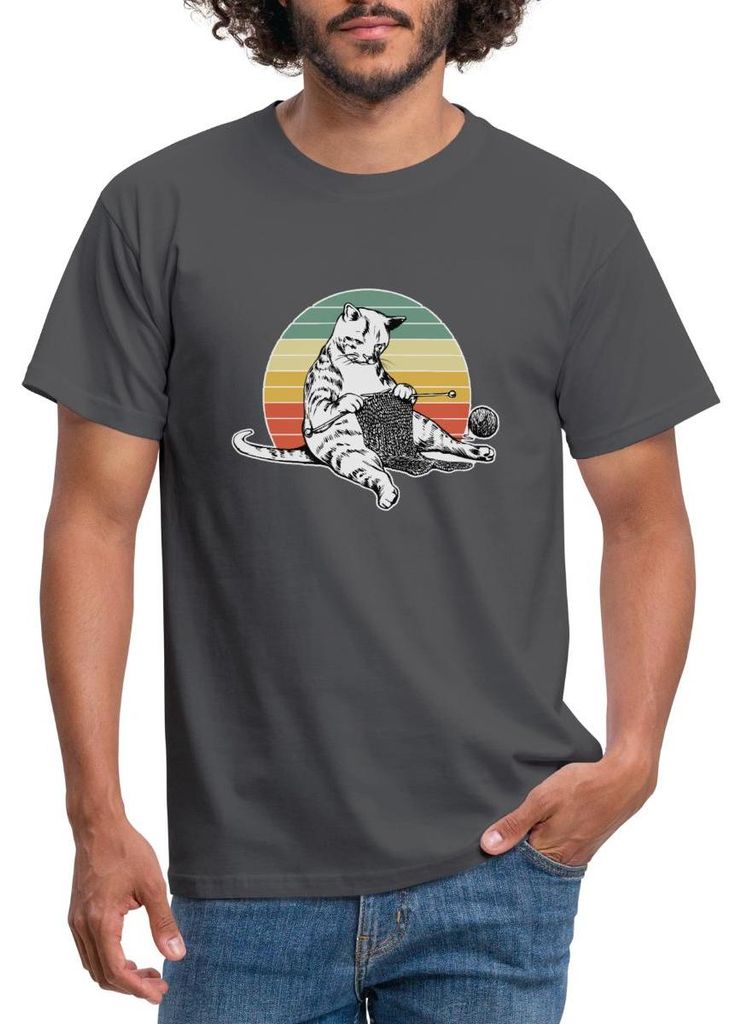 Spreadshirt Strickende Katze | Retro Katze Mit Wolle Männer T-Shirt, XL, Anthrazit