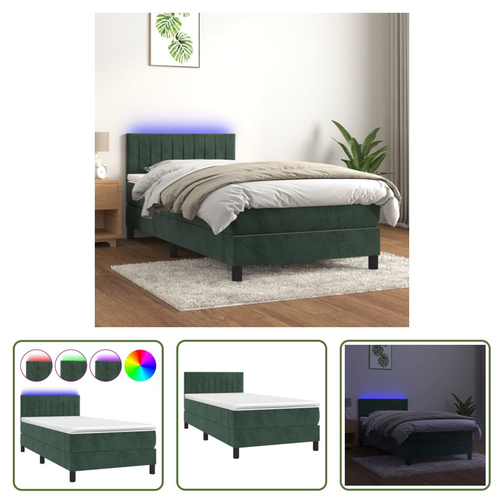 The Living Store Boxspringbett mit Matratze & LED Dunkelgrün 90x200 cm Samt