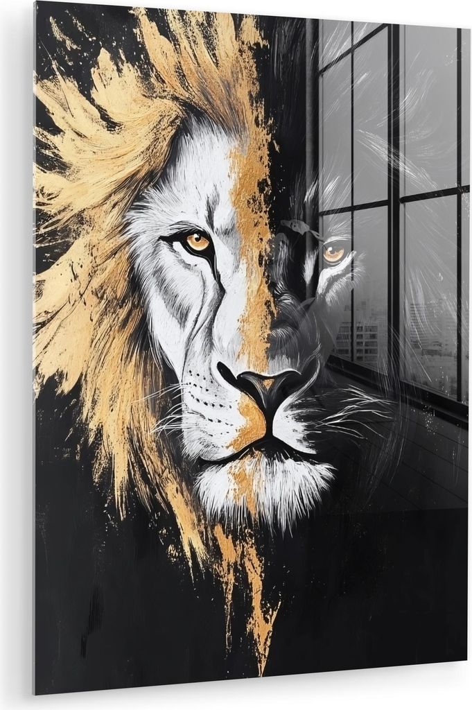 MuchoWow Glasbilder - Bilder auf Wandbild - Foto auf Glas Löwe - Split - Schwarz - Linie 60x80 cm Wanddekoration aus Glas - Acrylglasbild - Acrylb...