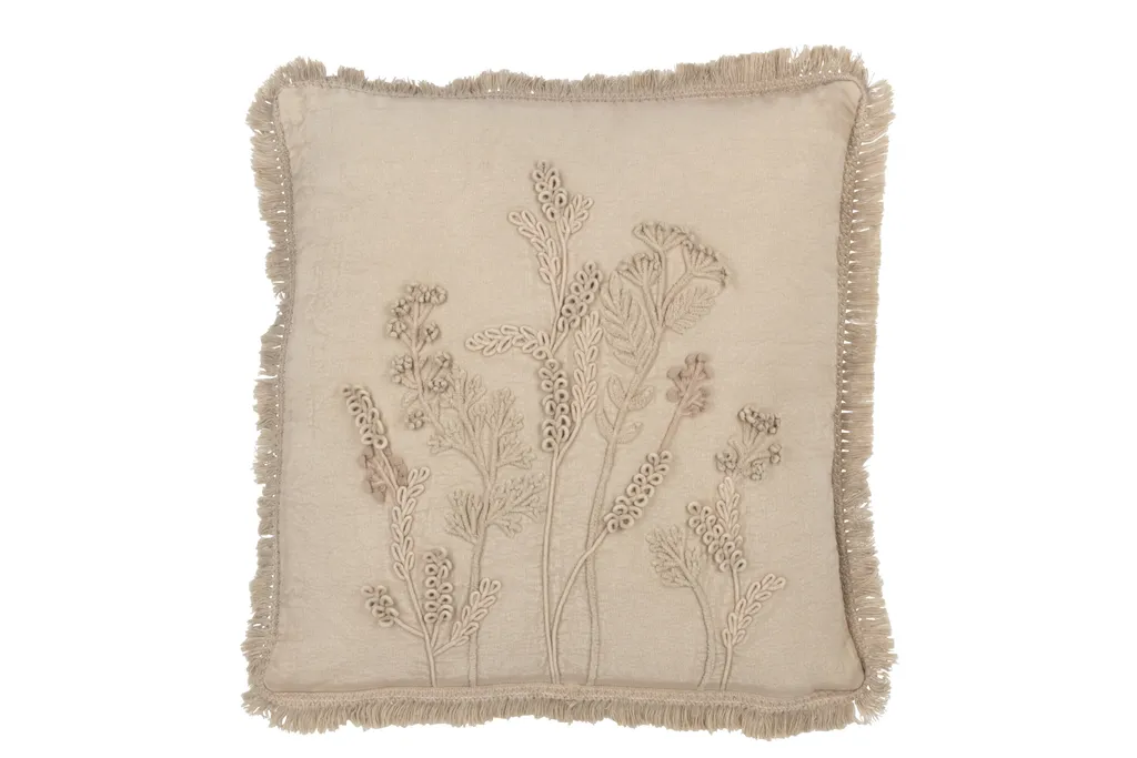 Coussin Fleurs Brodées et Franges J-Line Coton Greige Haut de Gamme