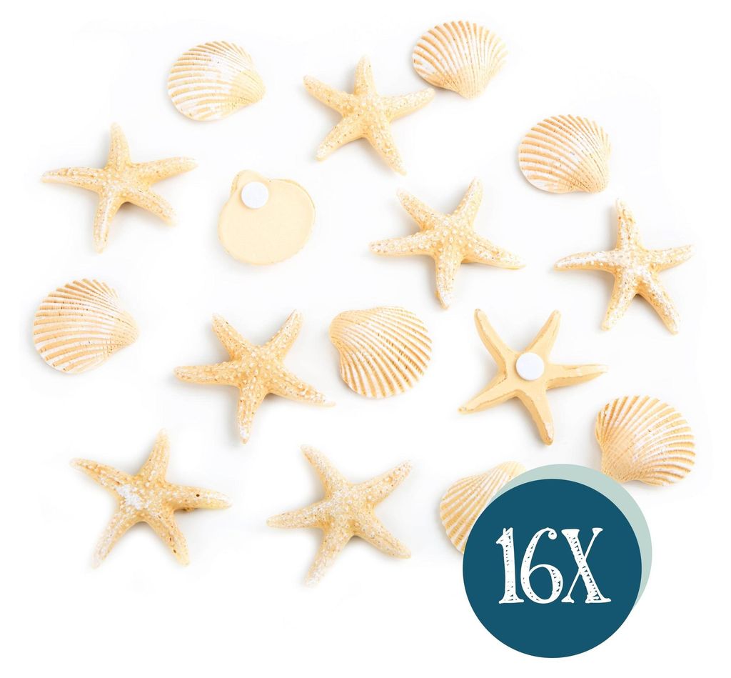 16-teiliges beiges Deko Set mit Muscheln + Seesternen - mit Klebepunkt zum Aufkleben