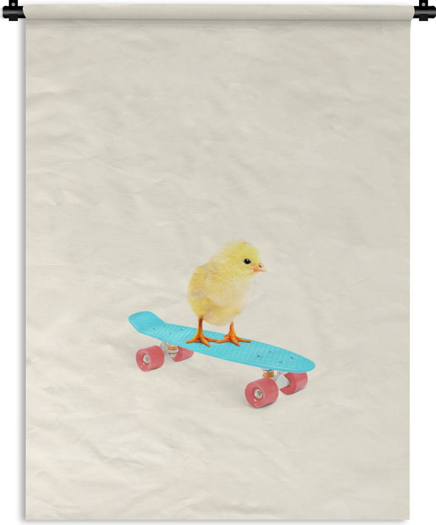 MuchoWow Wandteppich Wandbehang Küken - Gelb - Skateboard - Blau - Tiere 150x200 cm Tapisserie Dekoration Wandtuch - Wandaufhängung - Moderner
