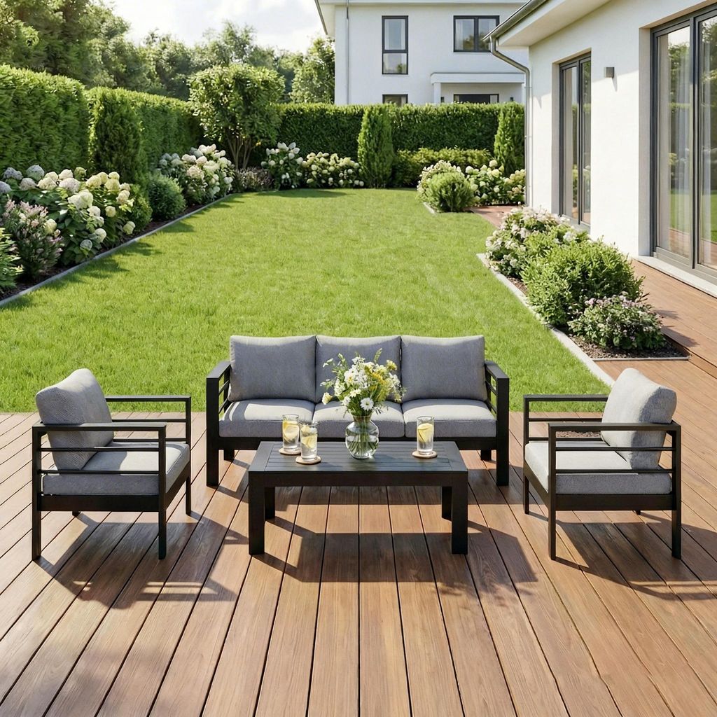 MeXo Gartenmöbelset, Loungeset Aluminium für 4-5 Personen mit Kissen und Couchtisch Indoor Outdoor Balkon schwarz (Sitzgruppe, Aluminiumrahmen)