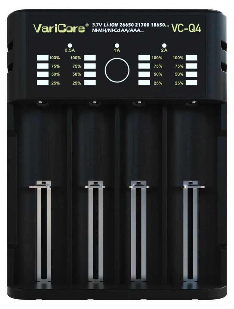 VC-Q4 Batterieladegerät - 4-Schacht Ladegerät - für 18650 26650 21700 AA AAA - Li-Ion 3,7V und Ni-MH/Ni-CD 1,2V - Schnellladen USB 5V 2A - EU-St...