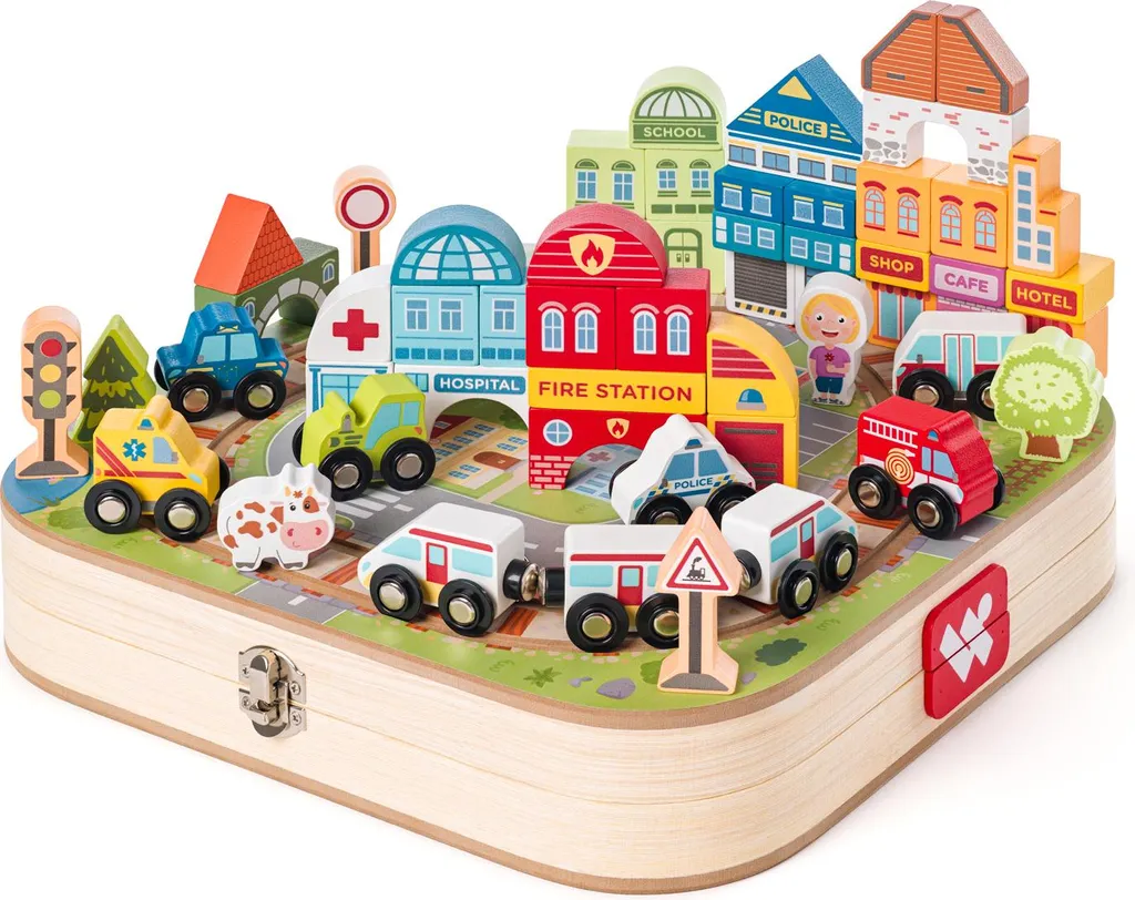 Circuit de train en bois dans sa valise de transport - Maquette ville