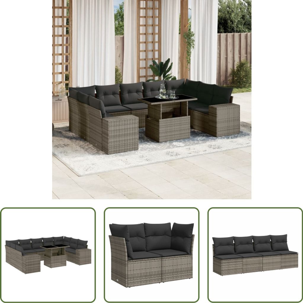 The Living Store 10-tlg. Garten-Sofagarnitur mit Kissen Grau Poly Rattan